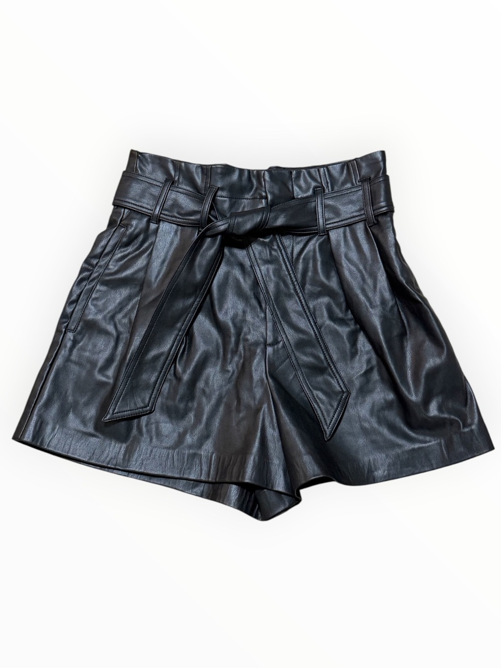 ZARA Black High Waist Faux Leather Pleated Shorts Belt S Vegan Classic Timeless - Picture 2 of 8